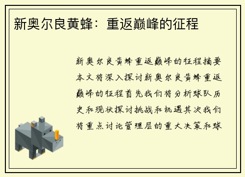 新奥尔良黄蜂：重返巅峰的征程